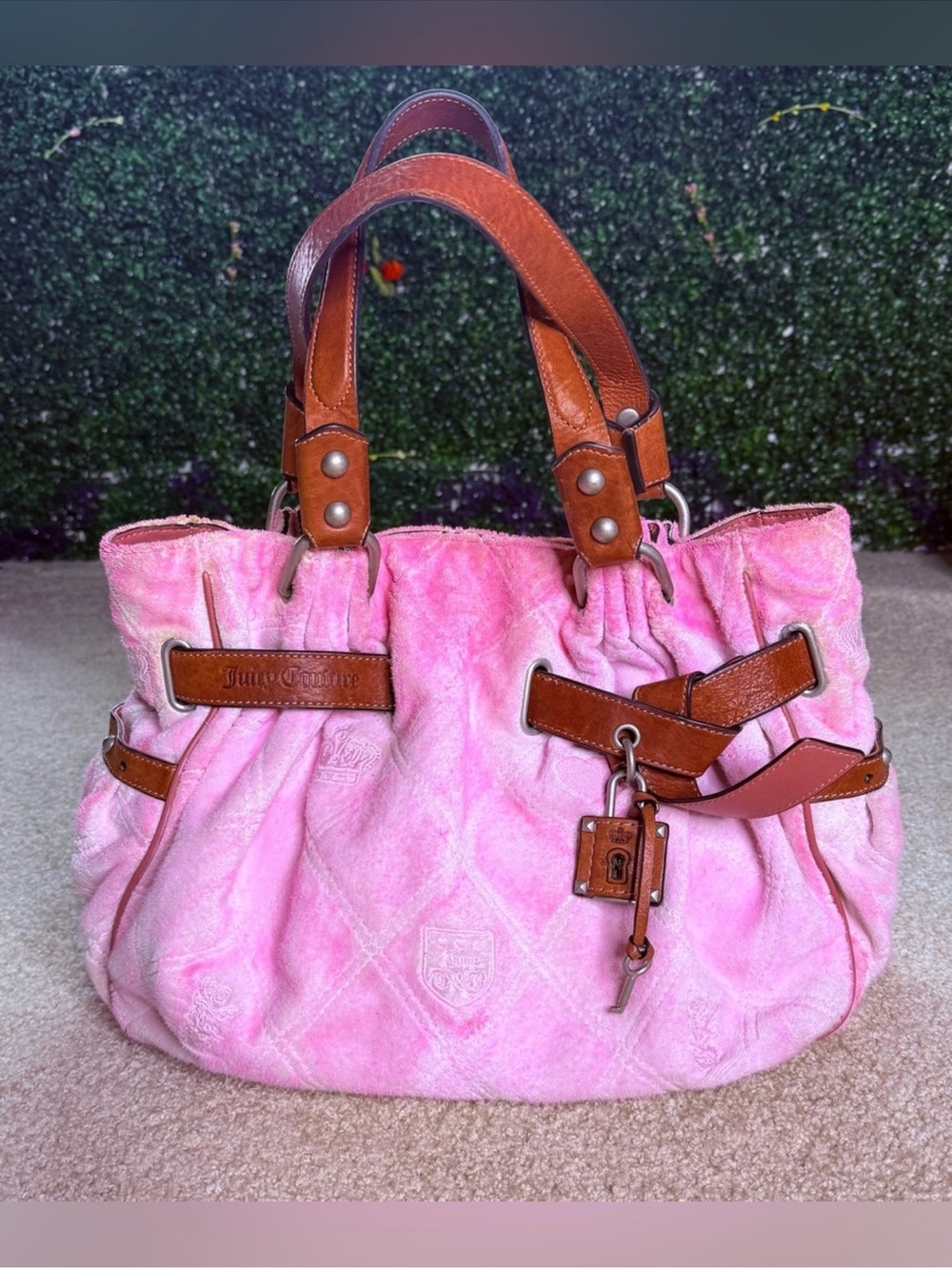 Juicy Couture Pink Suede Shoulder Bag with Brown Leather Trim